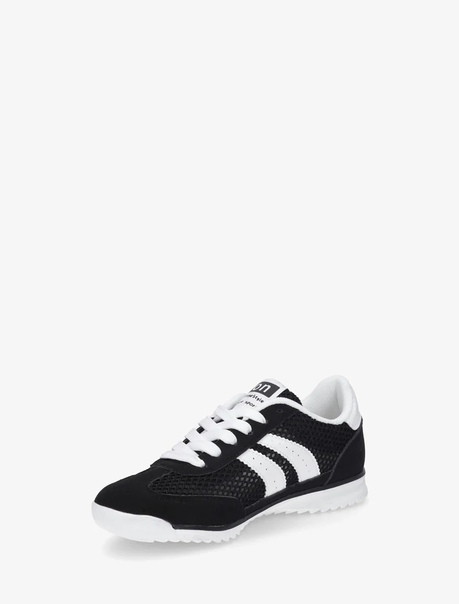 Suède sneakers en opengewerkt textiel - Zwart - Image 3