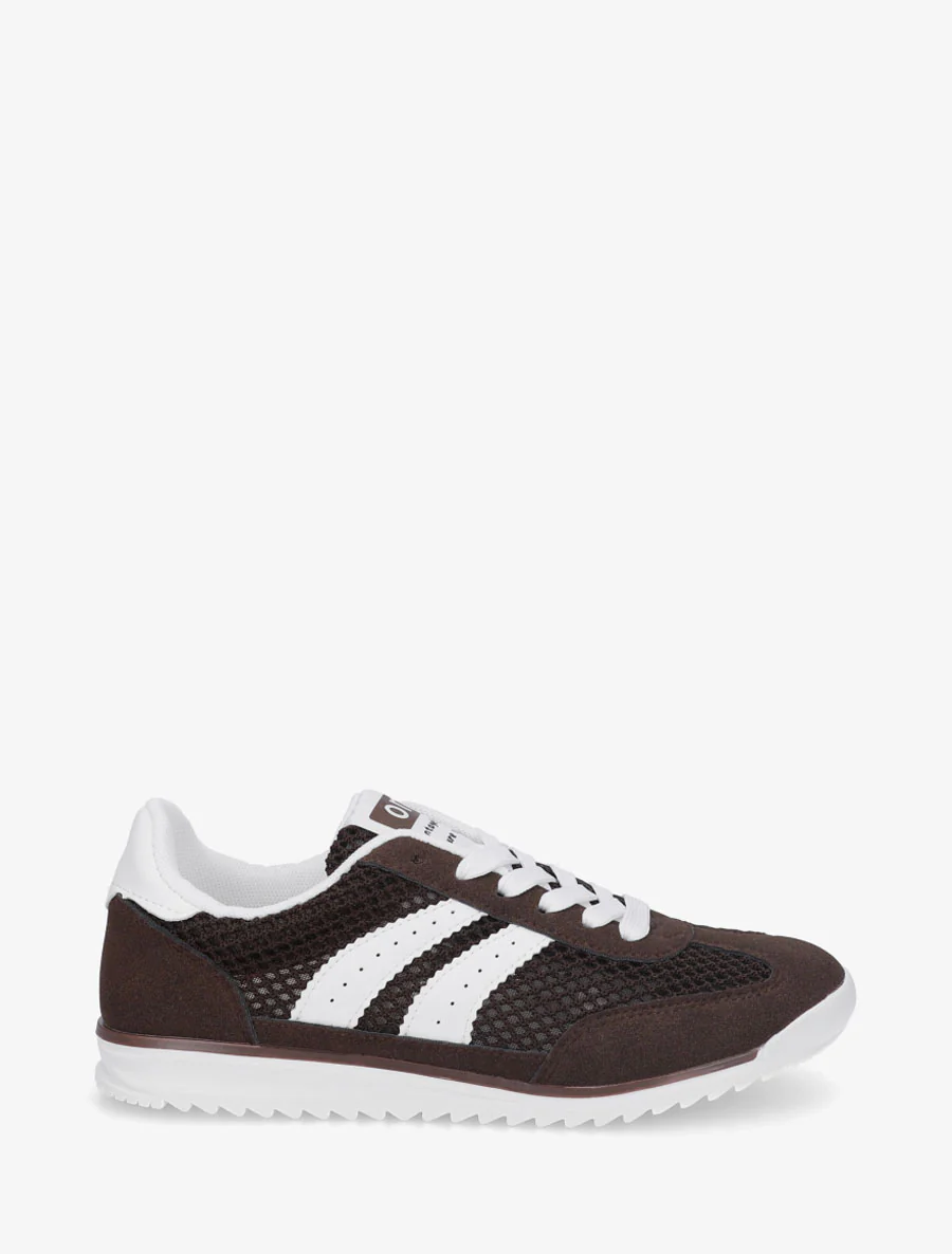 Suède sneakers en opengewerkt textiel - Bruin