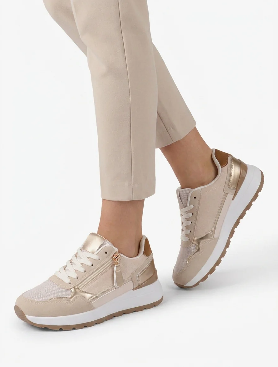 Suède sneakers met contrasterende hiel. - Beige - Image 5