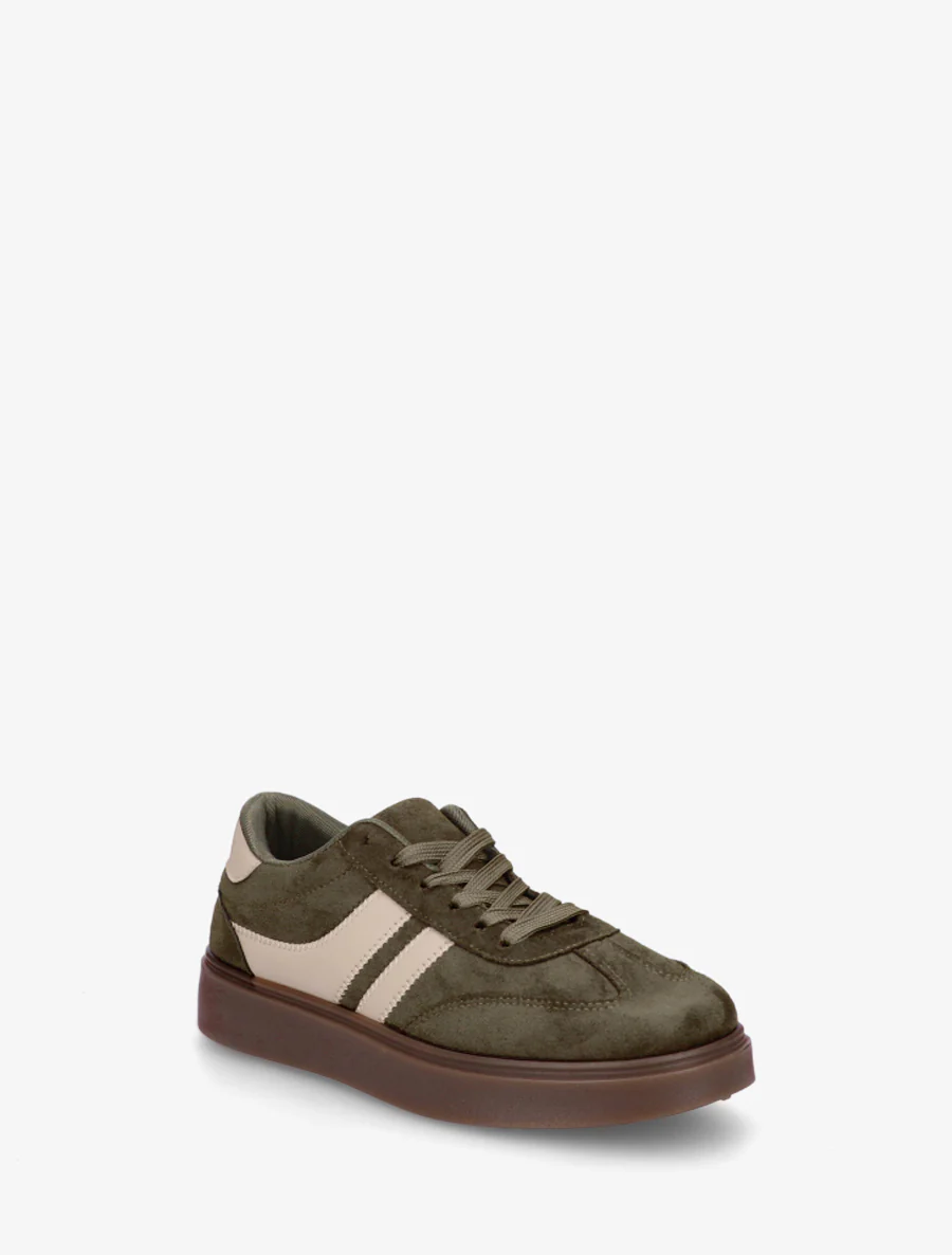 Suède sneakers met imitatieleren strepen - Kaki - Image 2