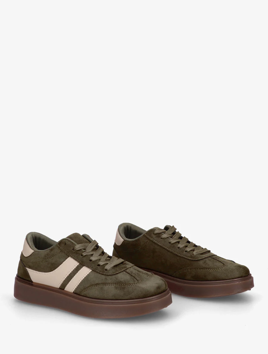 Suède sneakers met imitatieleren strepen - Kaki - Image 4