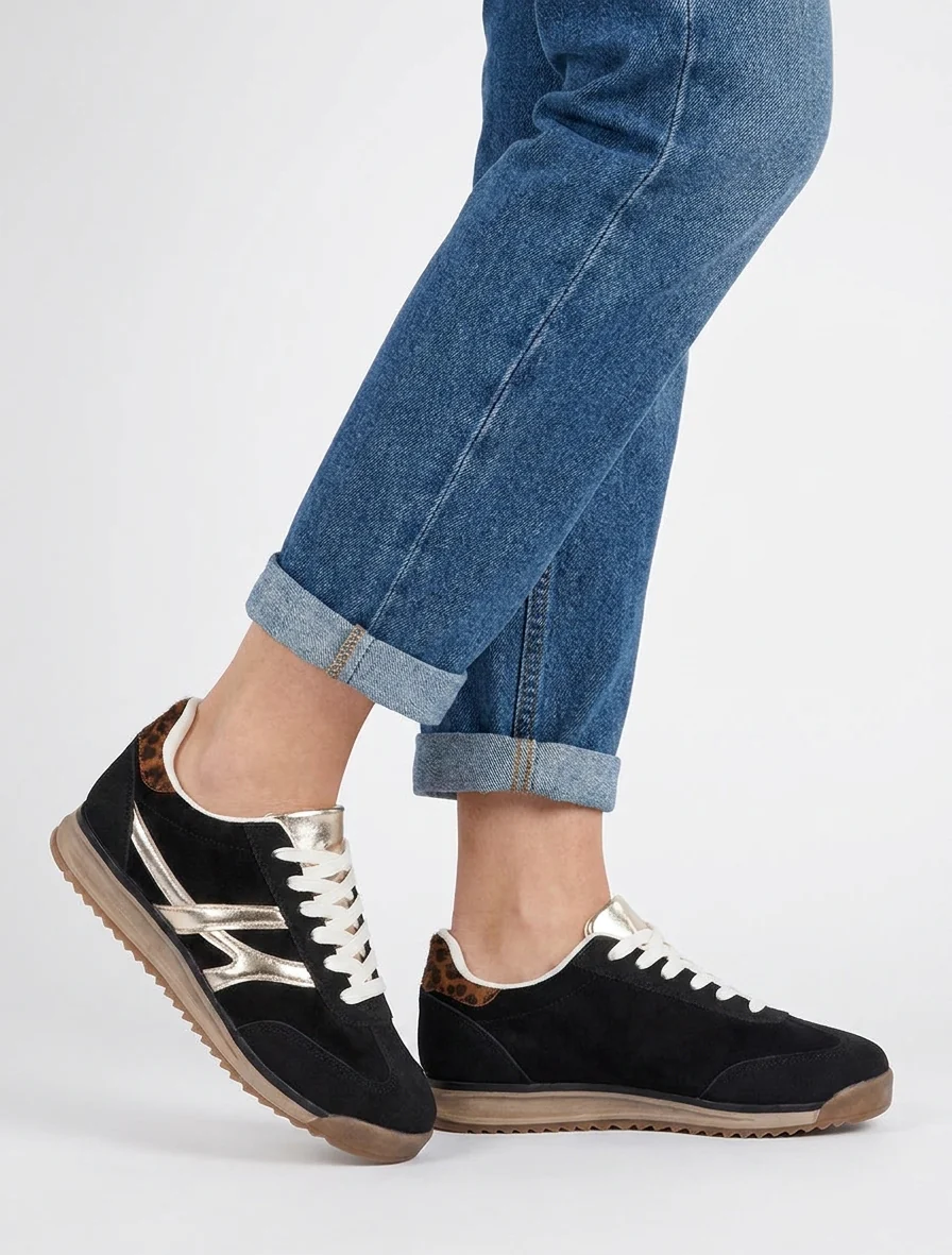 Suède sneakers met luipaardprint hielstuk - Zwart - Image 5
