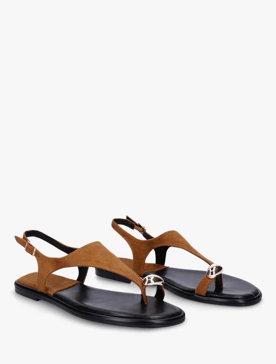 Suède teenslippers met teenstuk en metalen ring - Kameel - Image 4