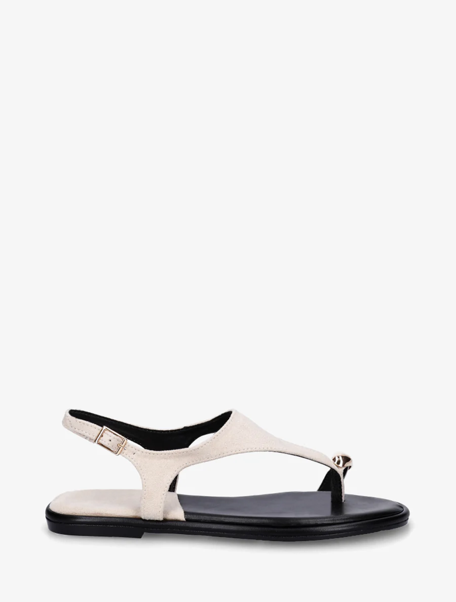 Suède teenslippers met teenstuk en metalen ring - Beige