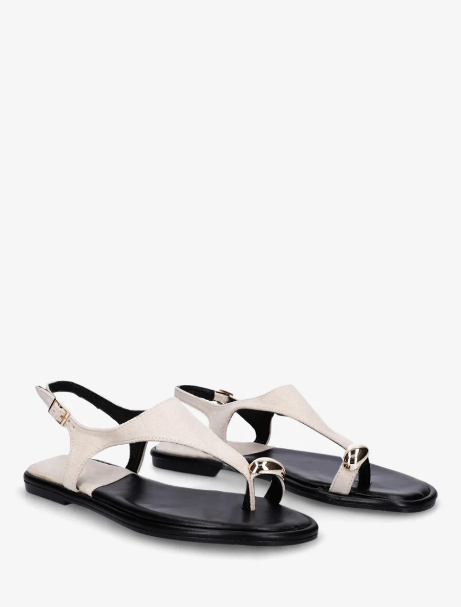 Suède teenslippers met teenstuk en metalen ring - Beige - Image 4