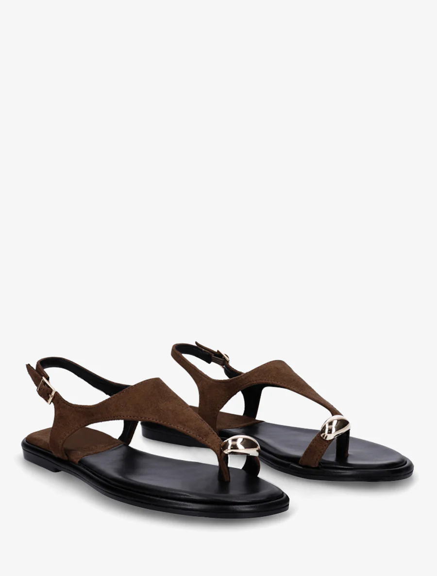 Suède teenslippers met teenstuk en metalen ring - Bruin - Image 4