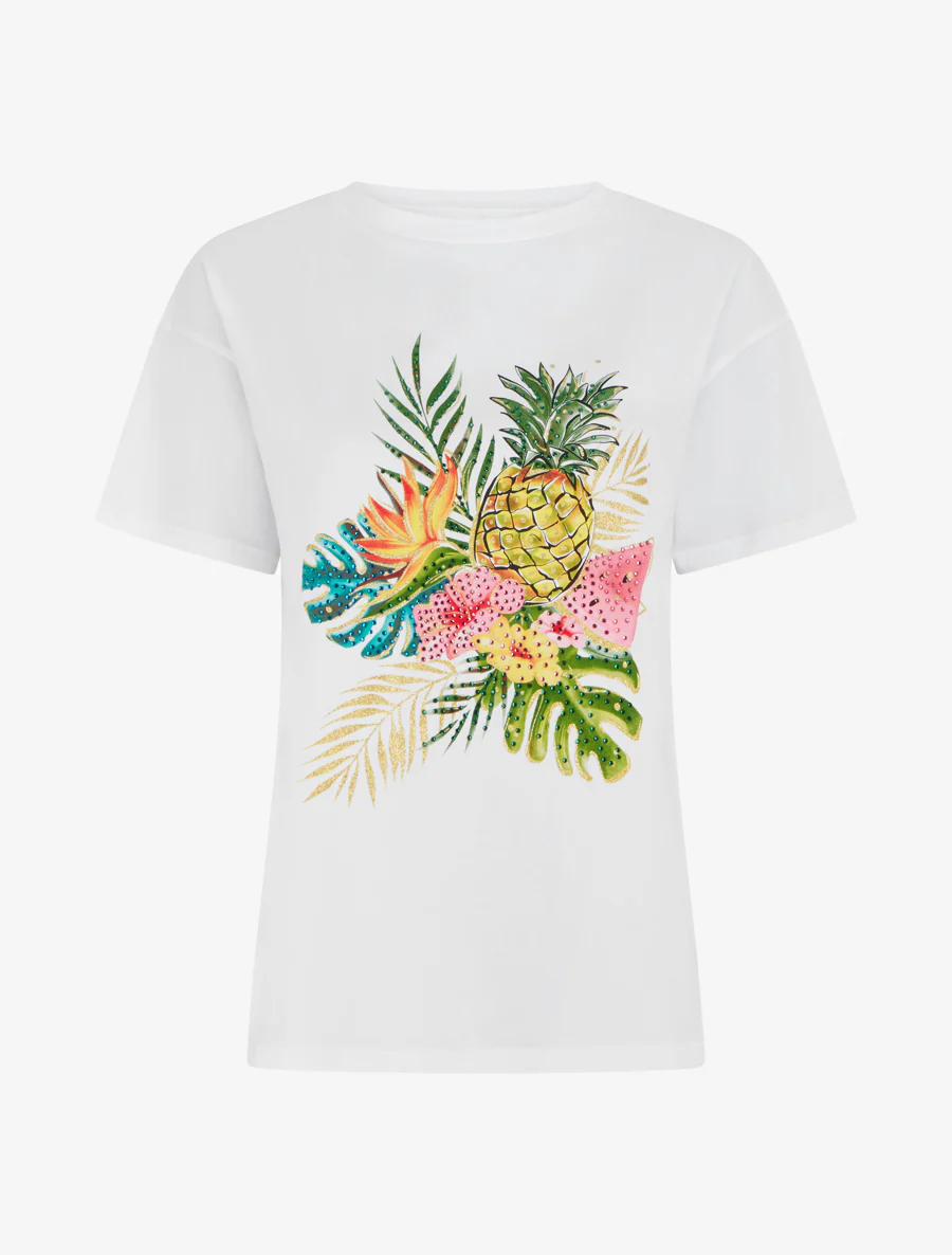 T-shirt met fruitenprint en strass. - Wit