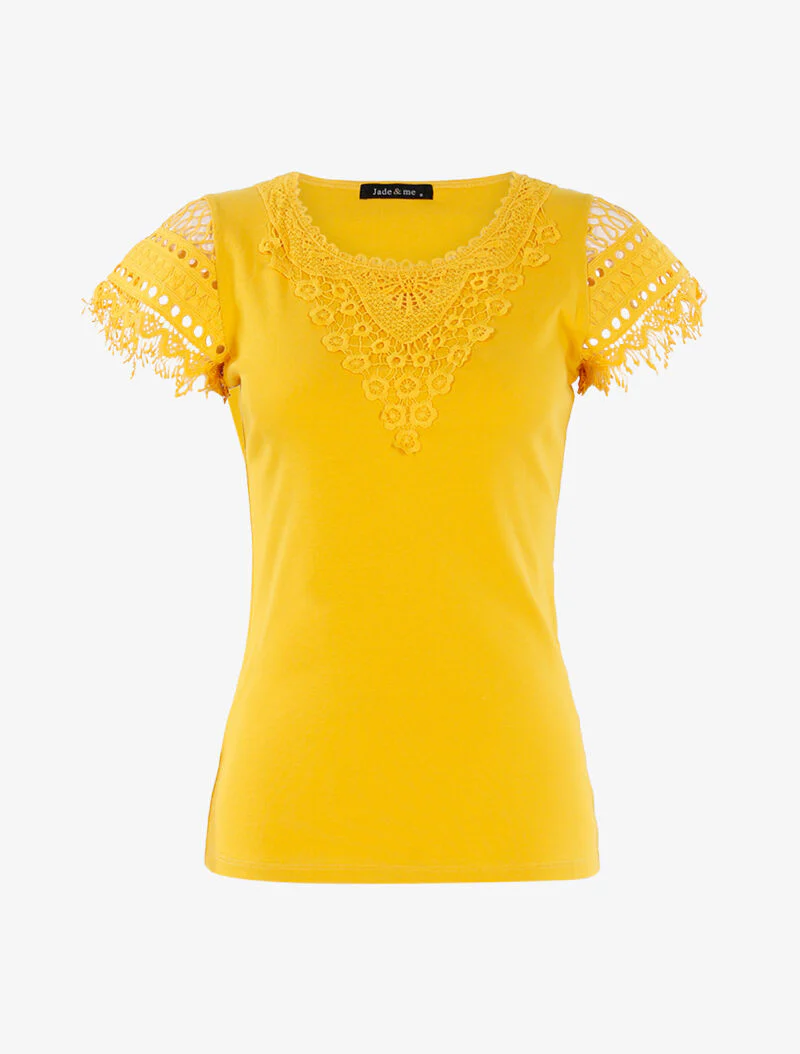 T-shirt met haakwerk inzetstuk - geel