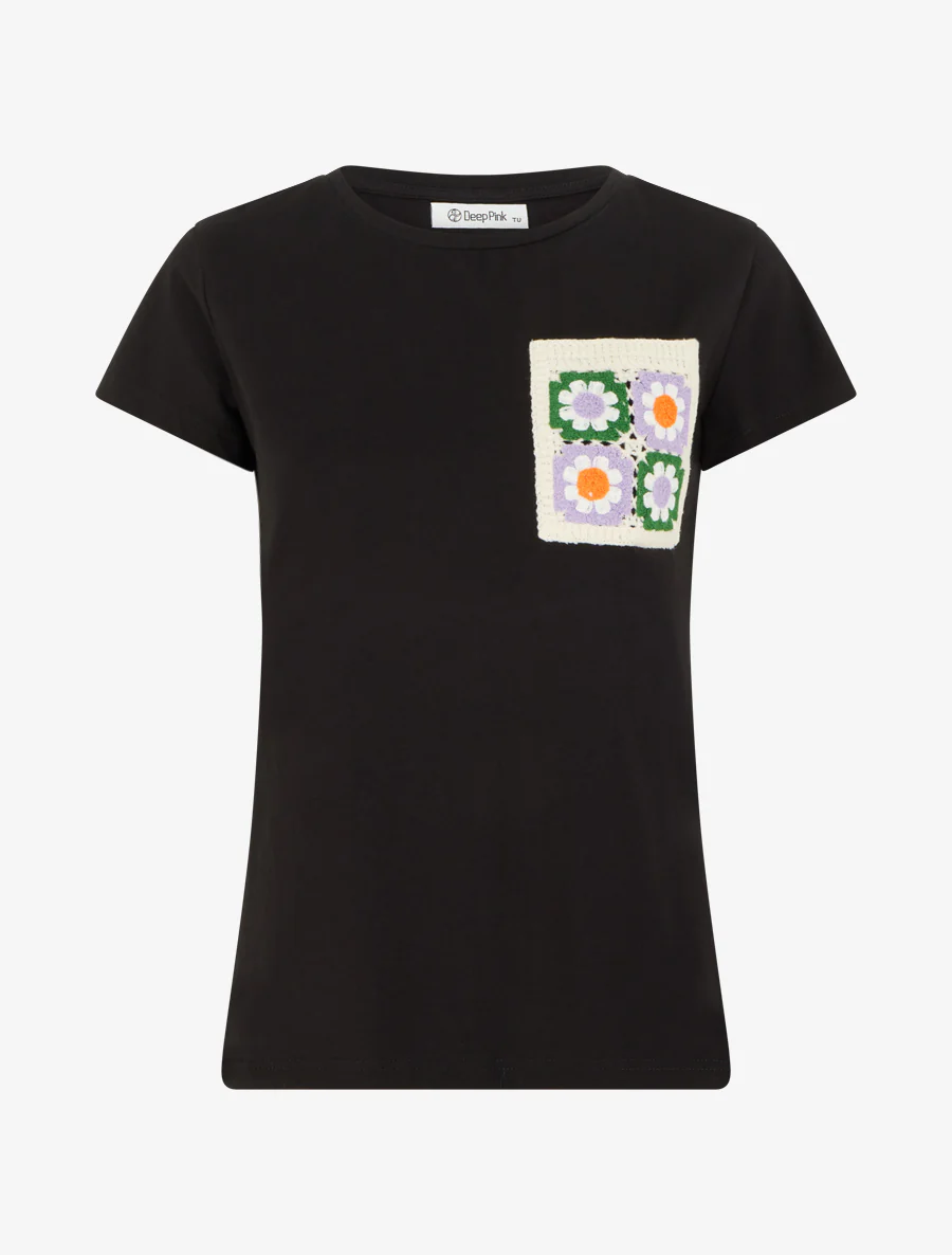 T-shirt met opgestikte zak en bloemenmotief - Zwart
