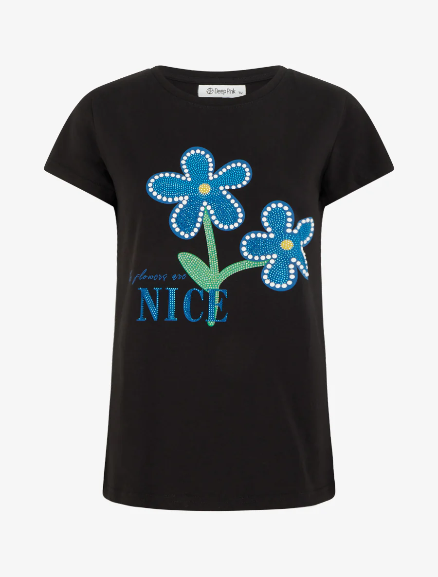 T-shirt met strass en bloemen - Zwart