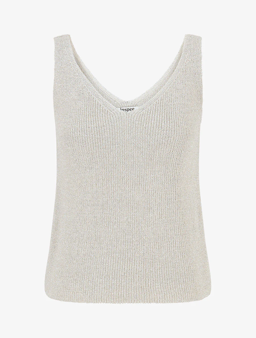 Tanktop van geribbeld mesh met iriserende details - Beige