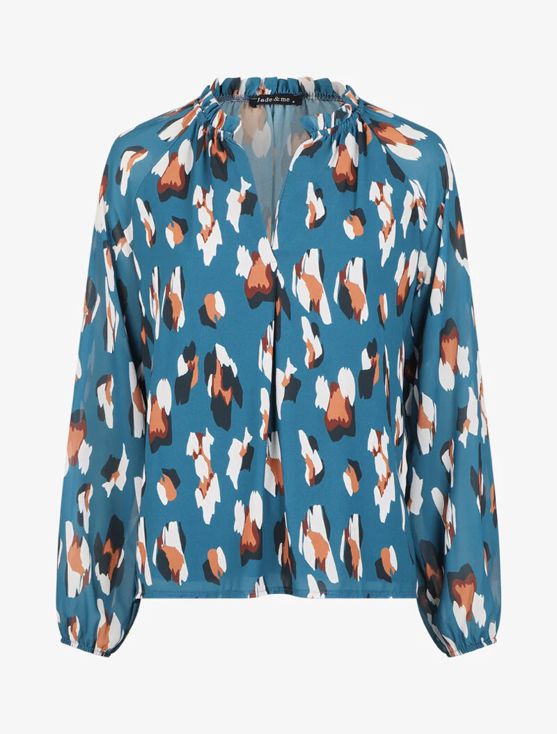 Gestileerde luipaardprint top met volant V-hals - Blauwgroen