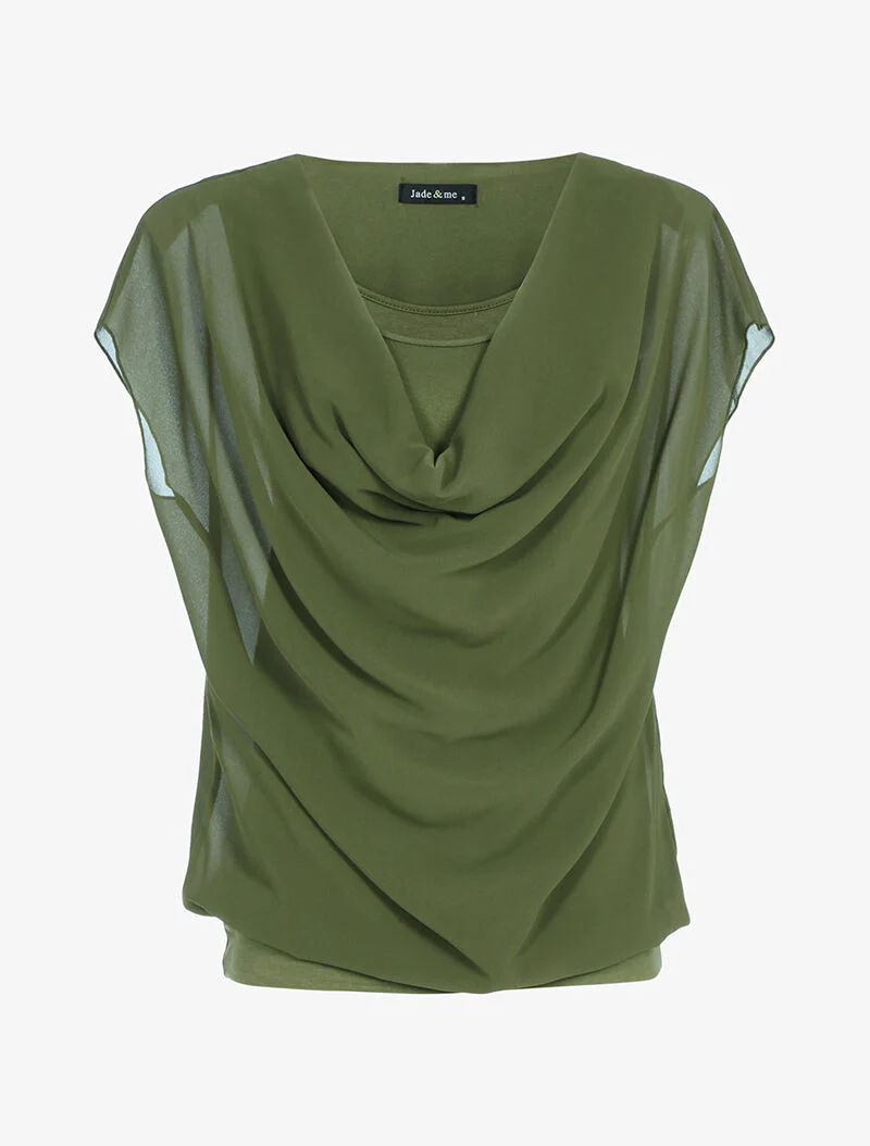 Top met watervalhals in voile - kaki
