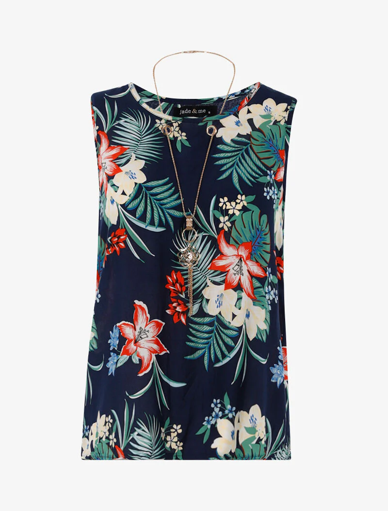 Top met bloemenprint en lange ketting - marineblauw