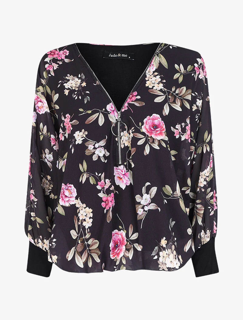 Floral bedrukt top met gestileerde sluiting - Zwart