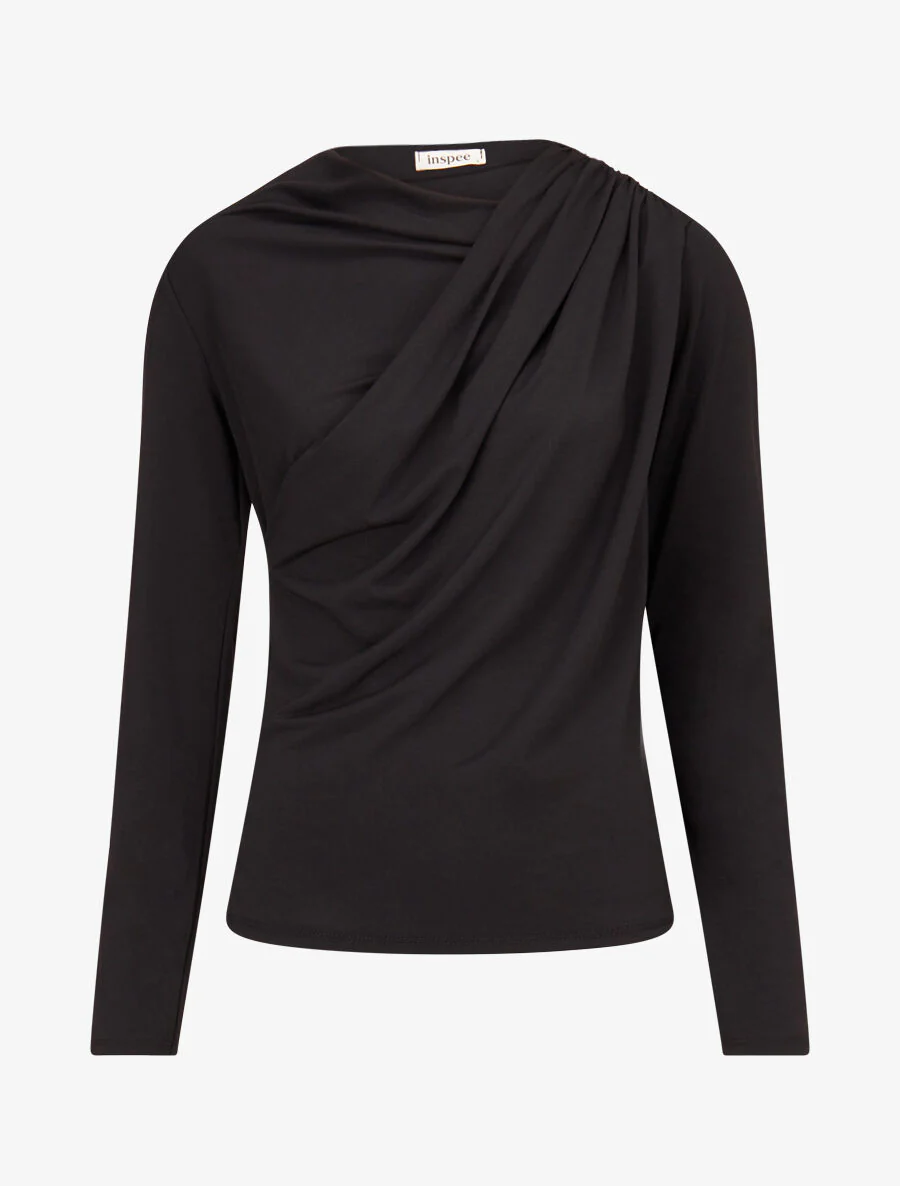Top met geplooide asymmetrische kraag - zwart