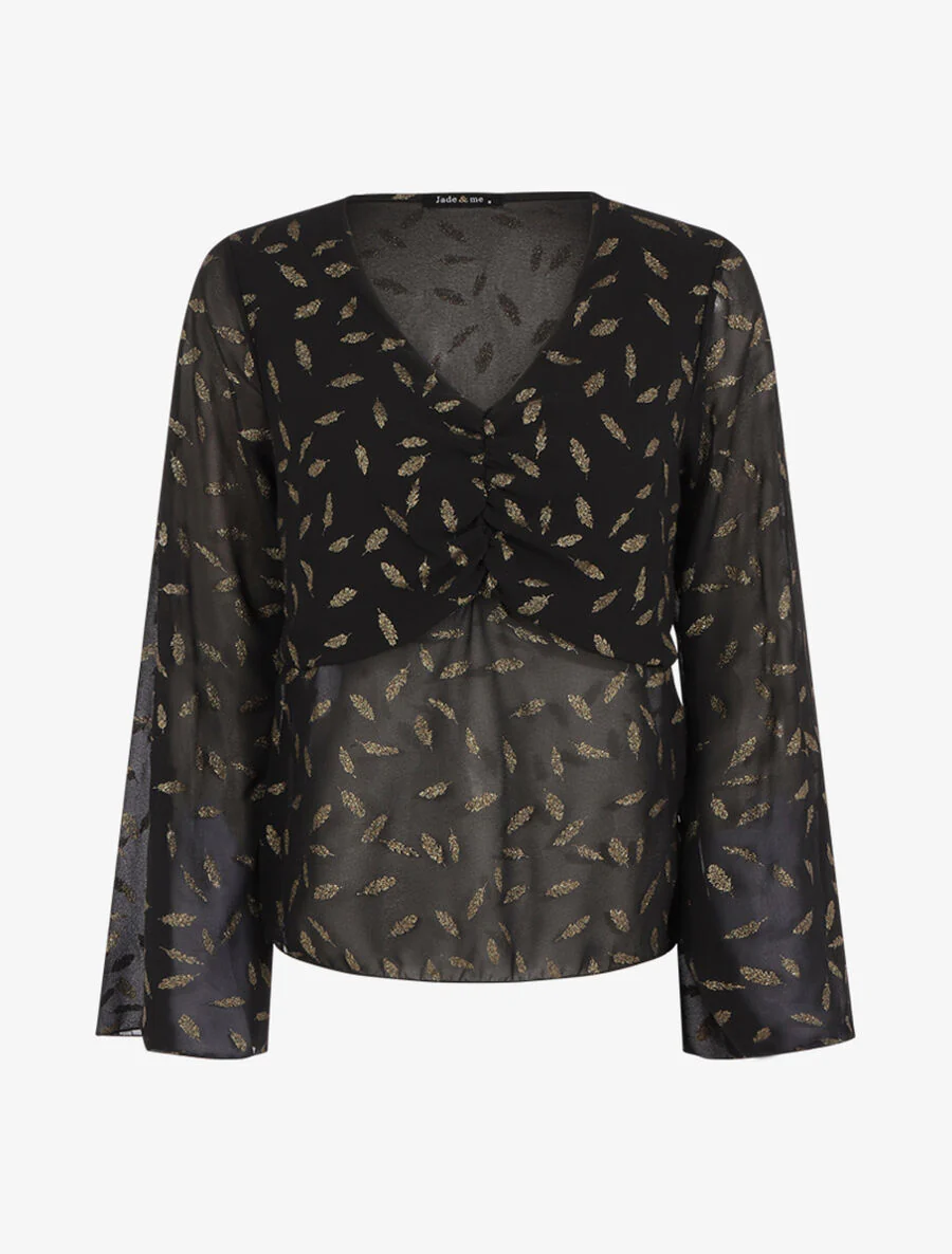 Top met iriserend bladenprint - Zwart