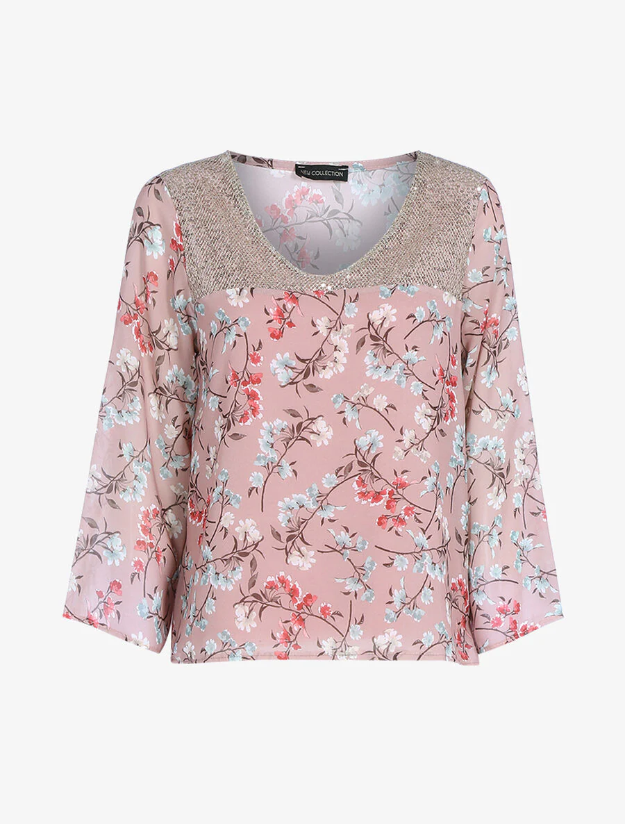 Top met landelijke print en pailletten - Roos