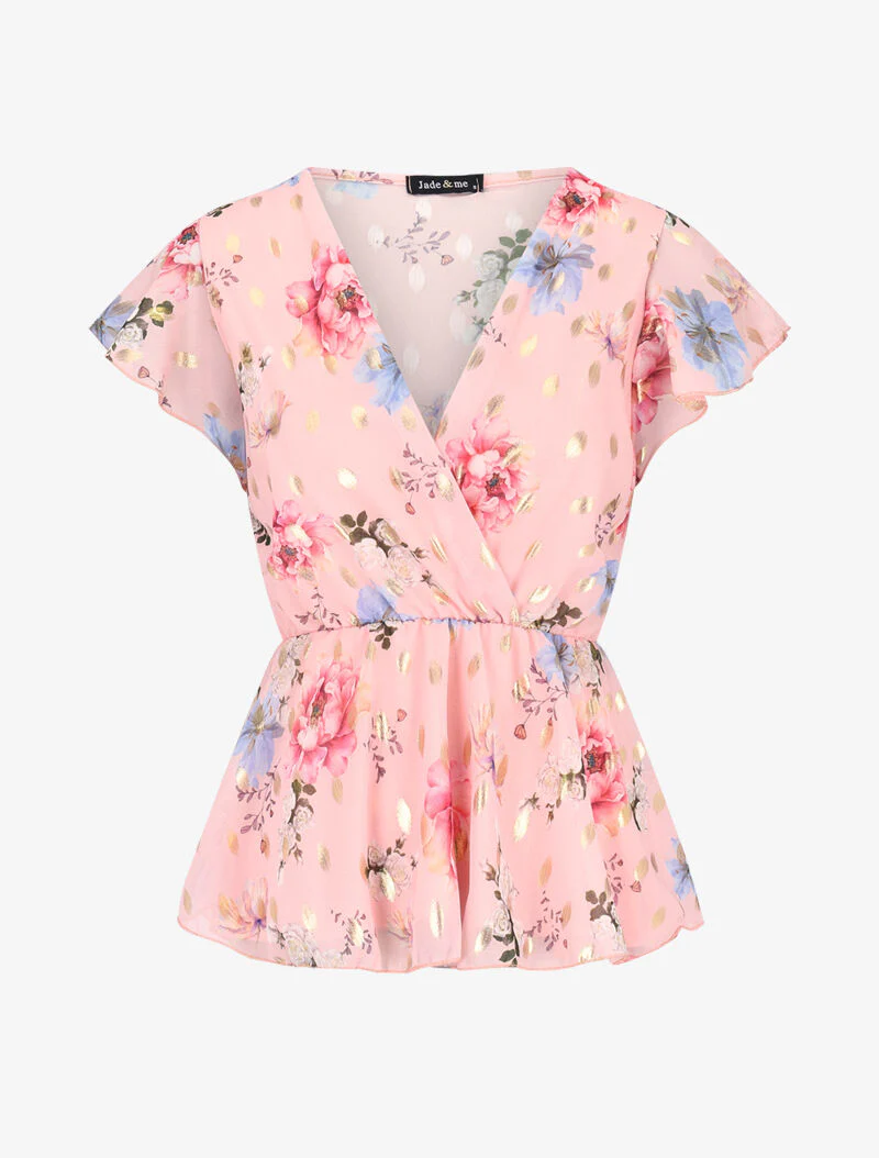 Top met overslag en bloemenprint en flockprint - roze - Image 2