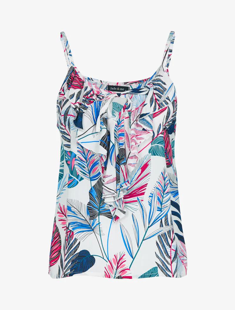 Top met ruches en tropische print - wit