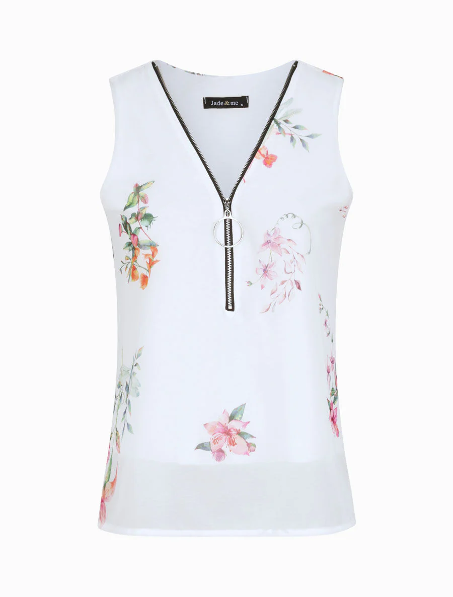 Bloemen top met ritssluiting kraag - Wit
