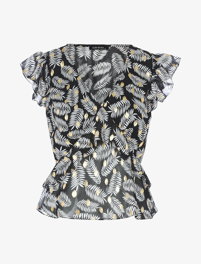 Top met volant in bladprint voile - zwart