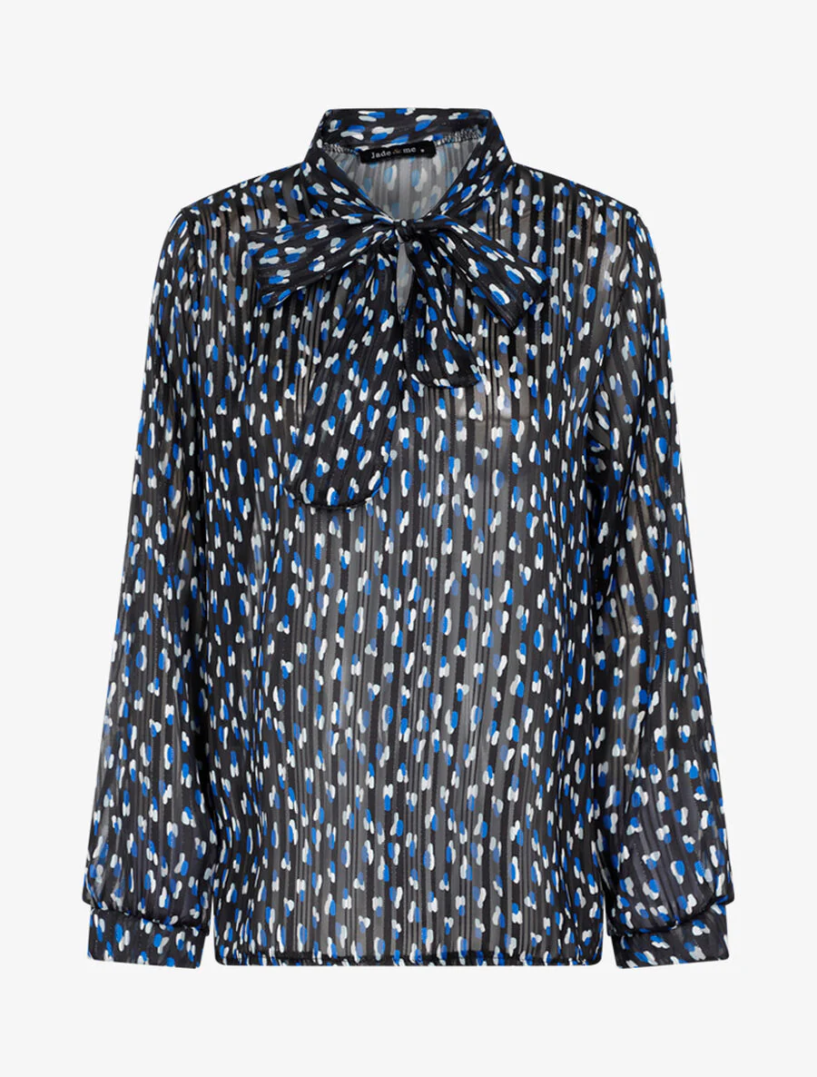 Transparante blouse met lavallièrekraag en print - Zwart