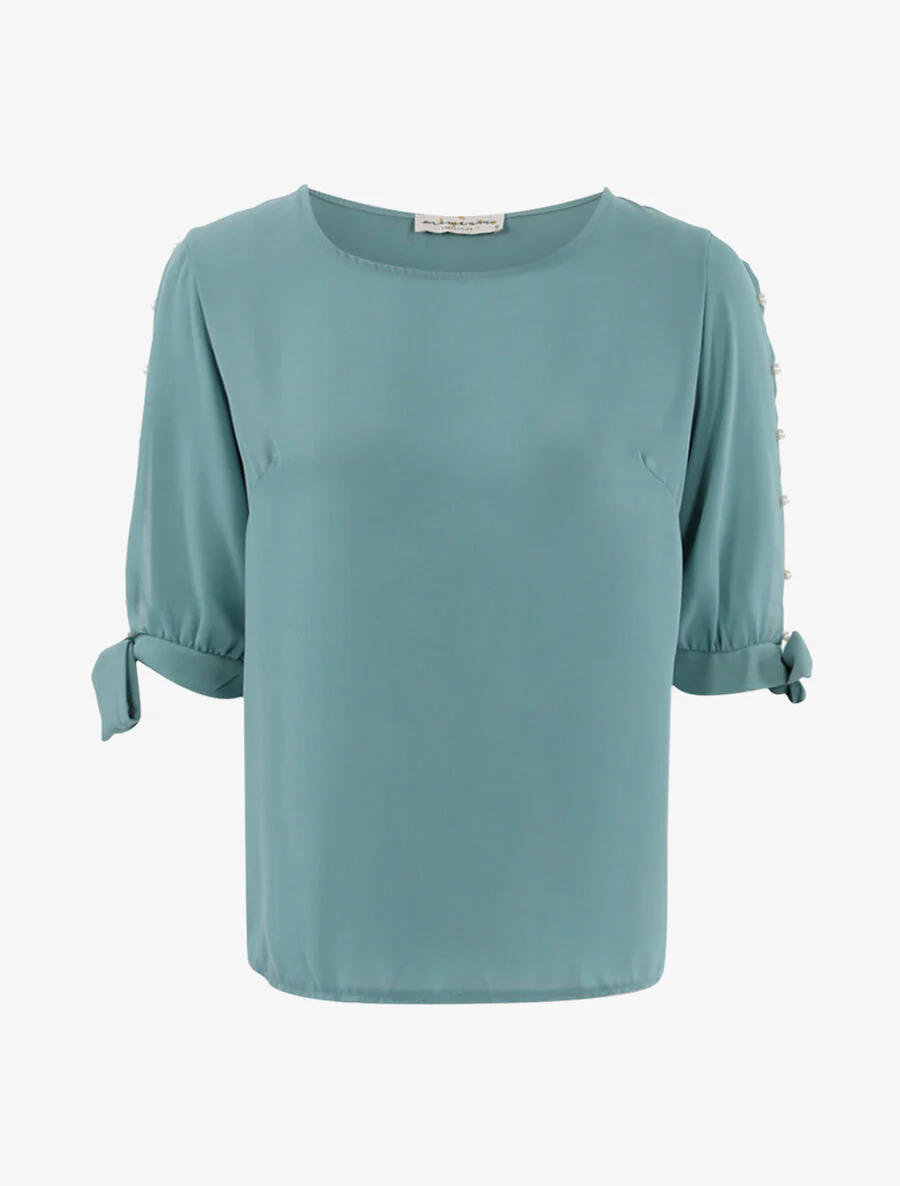 Transparante top met parelmouwen - Groen