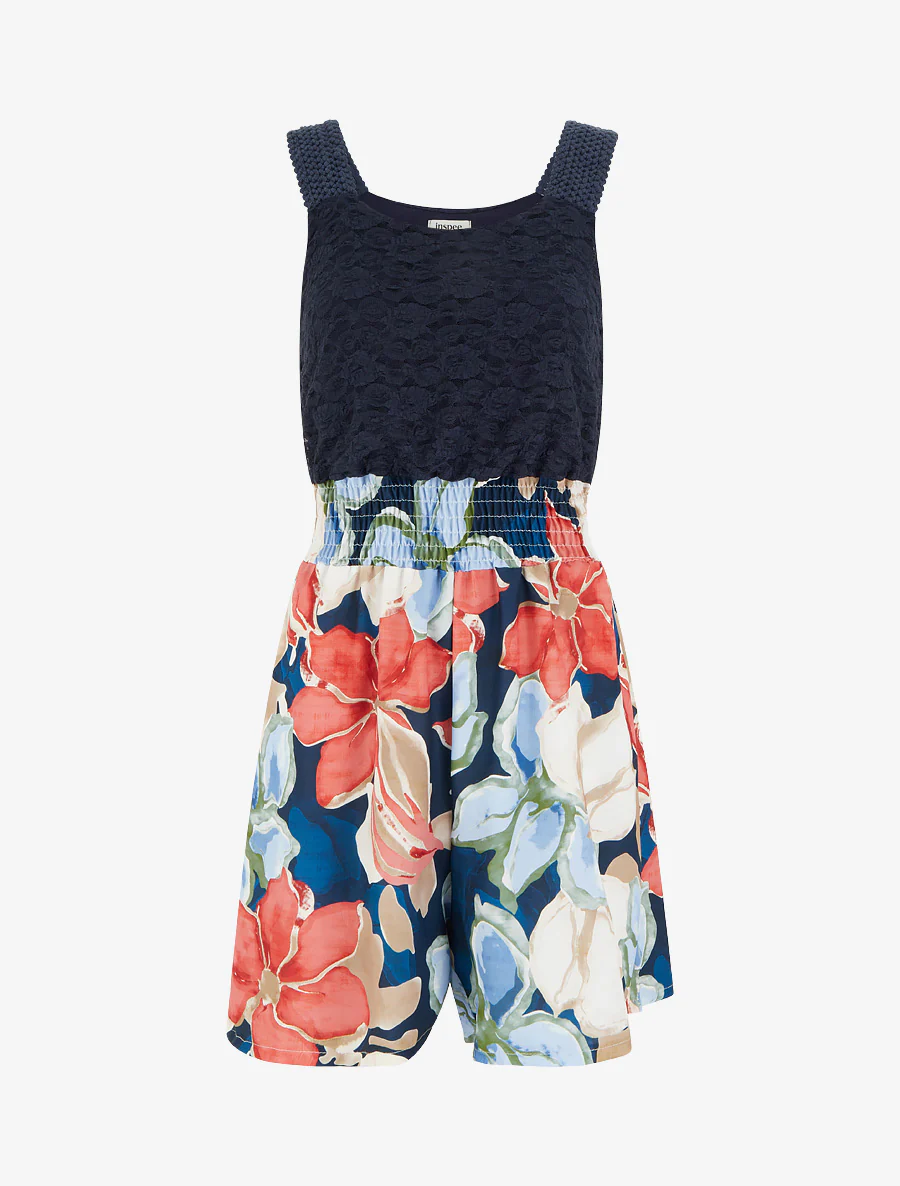 Tropische bloemenprint jumpsuit met kanten bustier. - Marine