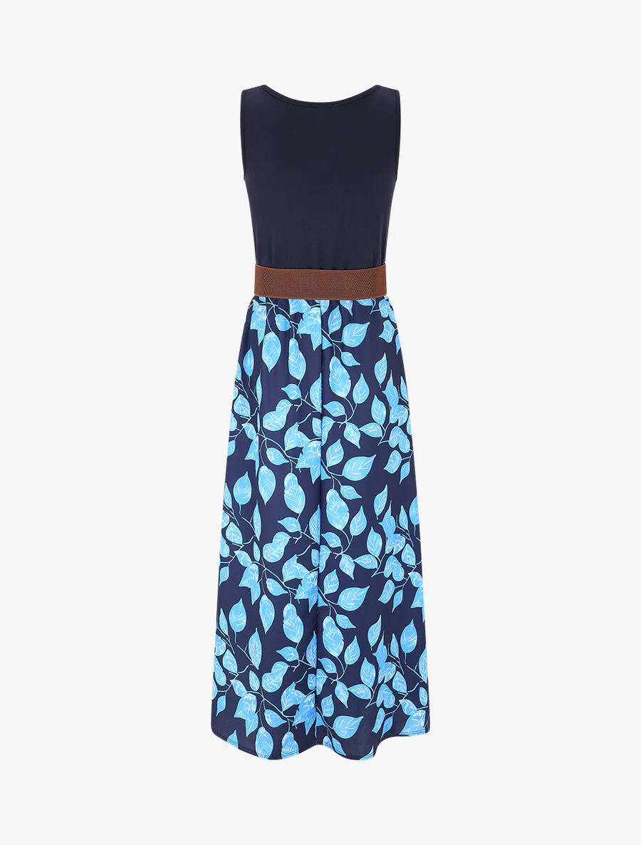 Tweekleurige jurk met bladerprint - Marineblauw - Image 2