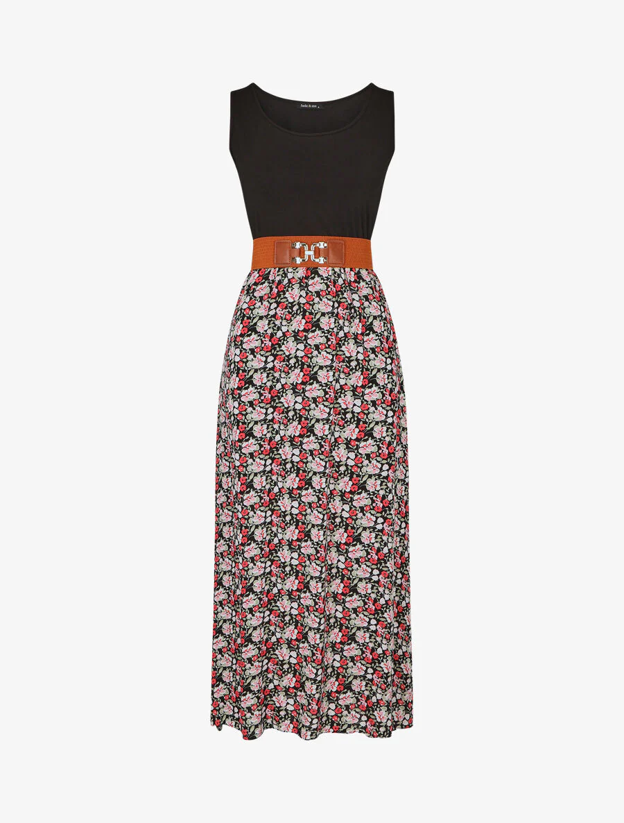 Tweekleurige jurk met kleine bloemenprint - zwart