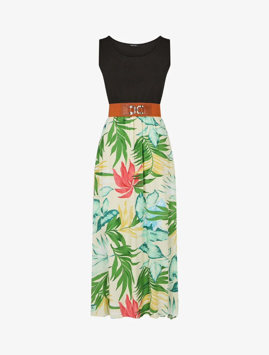Tweekleurige jurk met tropische print - wit
