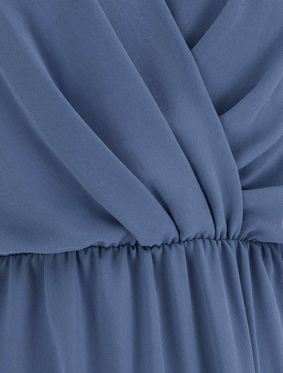 Uitlopende jurk met korte mouwen en overslagkraag. - Blauw - Image 3