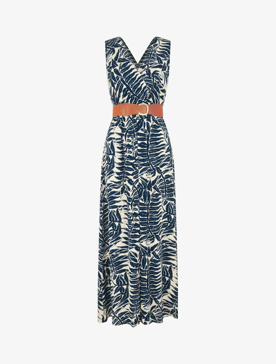 Uitlopende lange jurk met tropische print - Marineblauw - Image 5