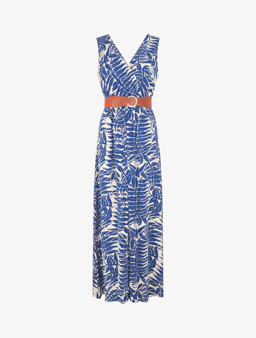 Uitlopende lange jurk met tropische print - blauw