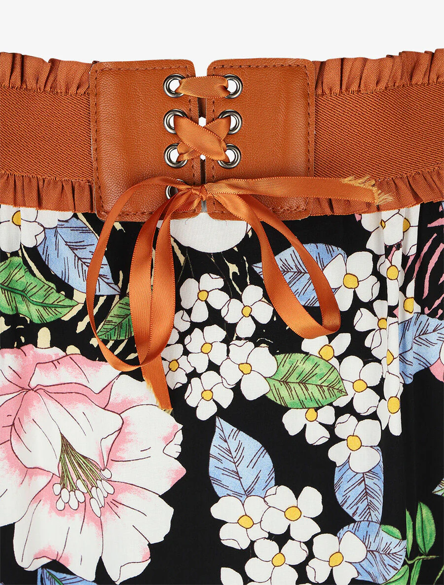 Uitlopende lange rok met bloemenprint - Zwart - Image 3