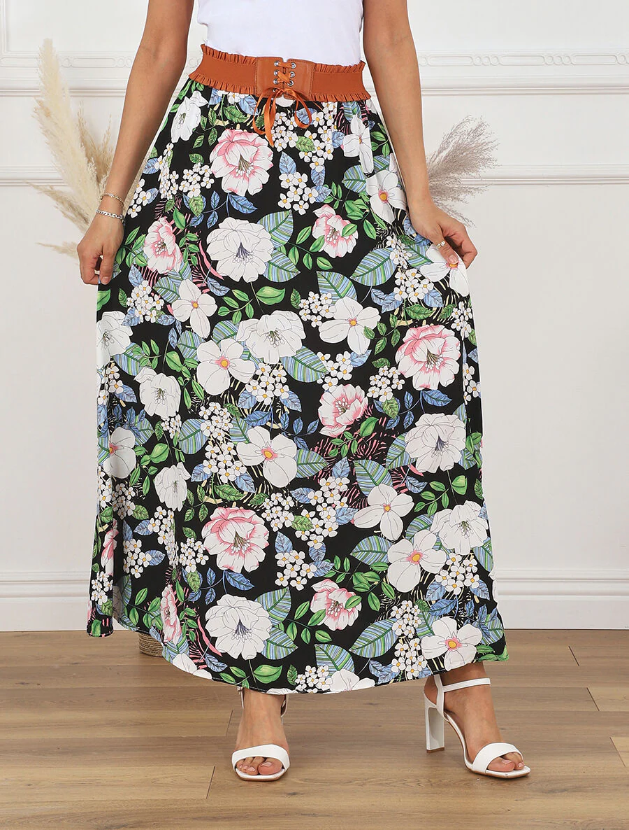 Uitlopende lange rok met bloemenprint - Zwart - Image 4