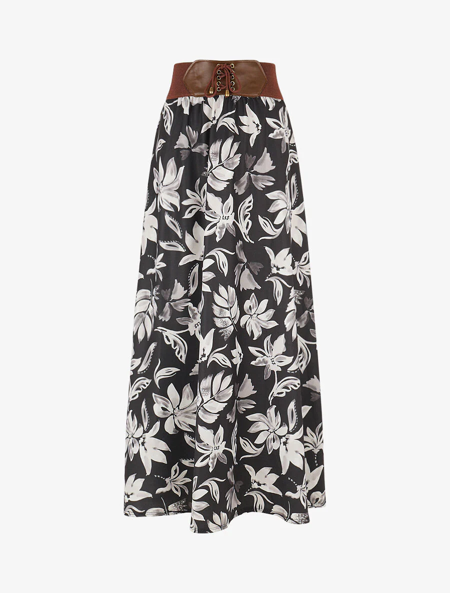 Uitlopende rok met bloemenprint - Zwart