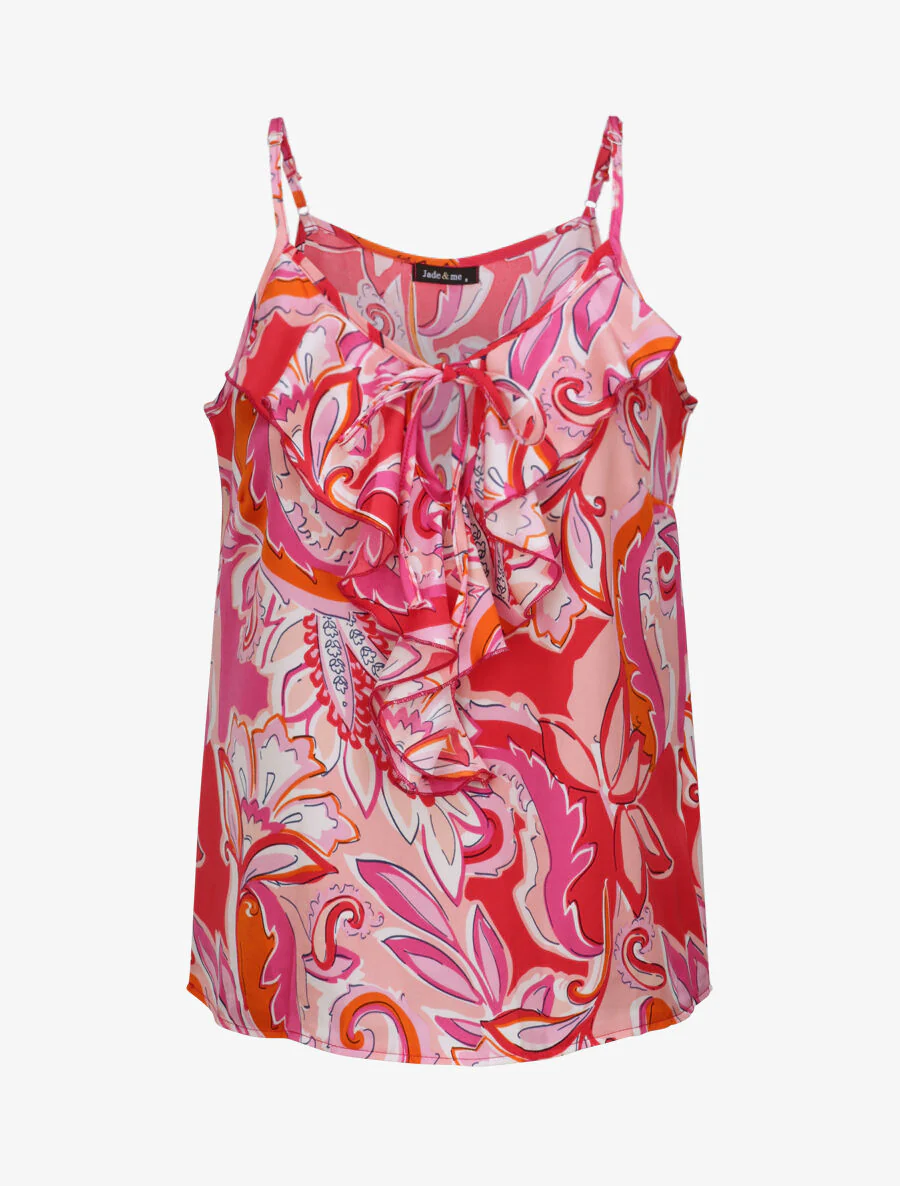 Vierkante tanktop met tropische patronen met een ruche kraag - Fuchsia
