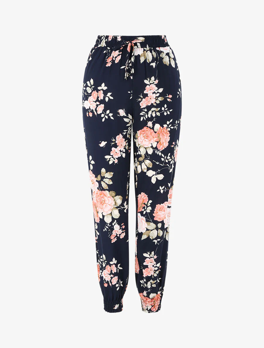 Vloeiende broek met bloemenprint en elastische randen - Nachtblauw