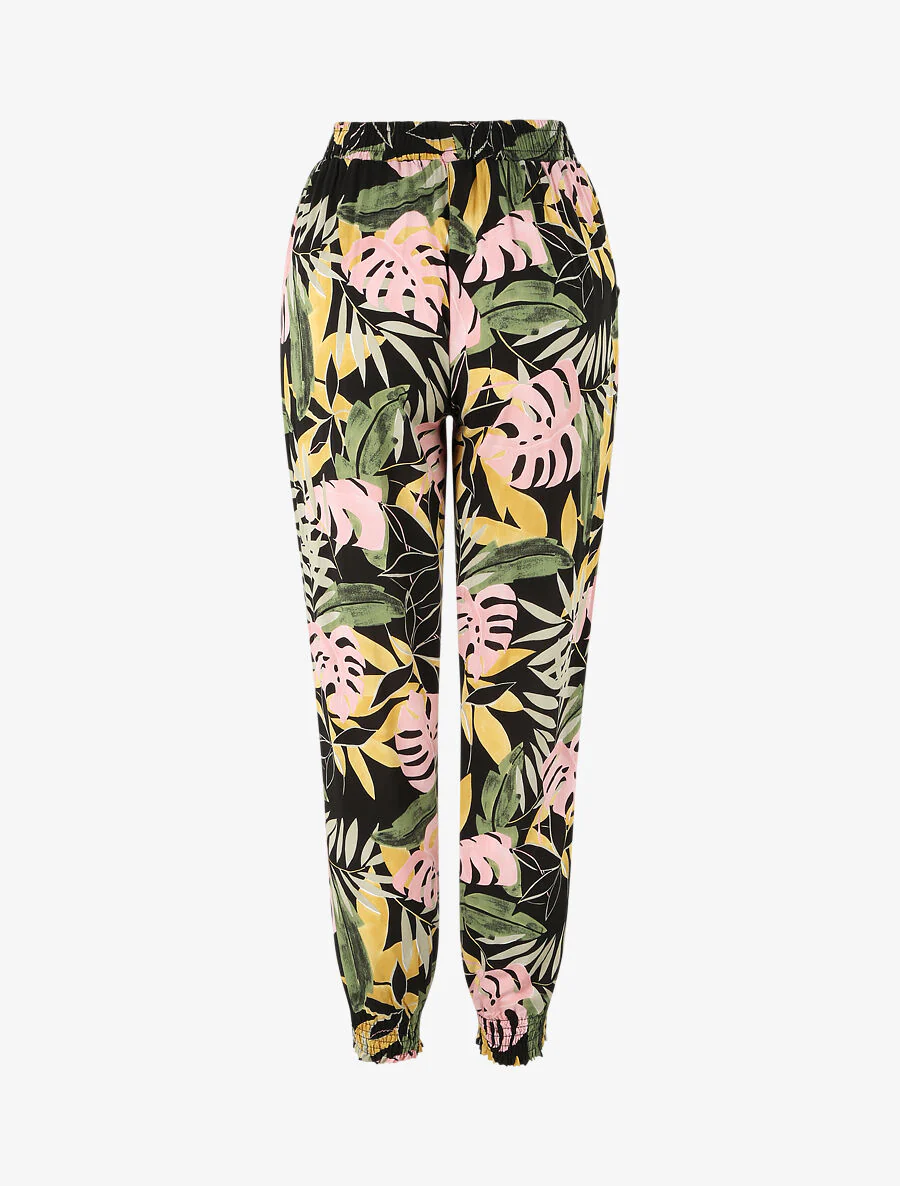 Vloeiende broek met tropische bloemenprint en elastische randen - Zwart - Image 2