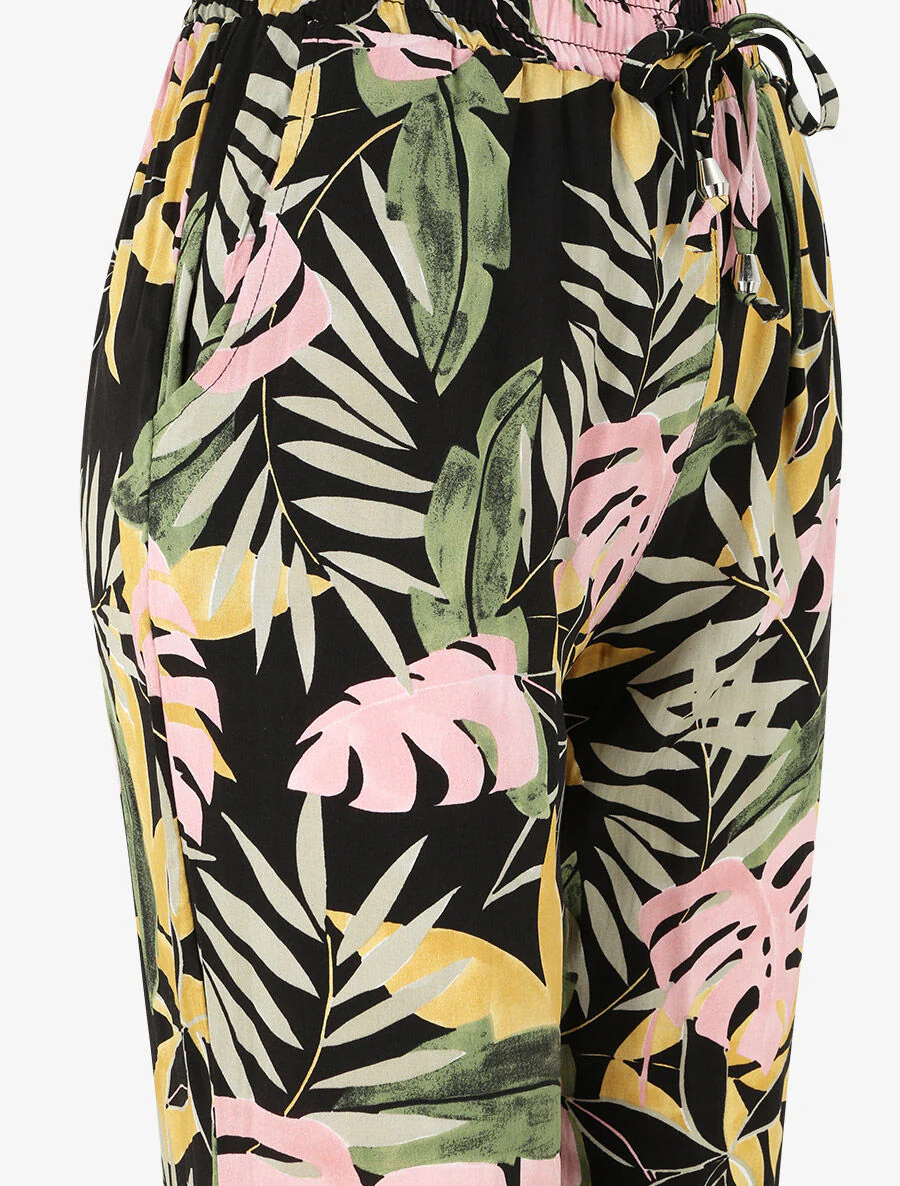 Vloeiende broek met tropische bloemenprint en elastische randen - Zwart - Image 3