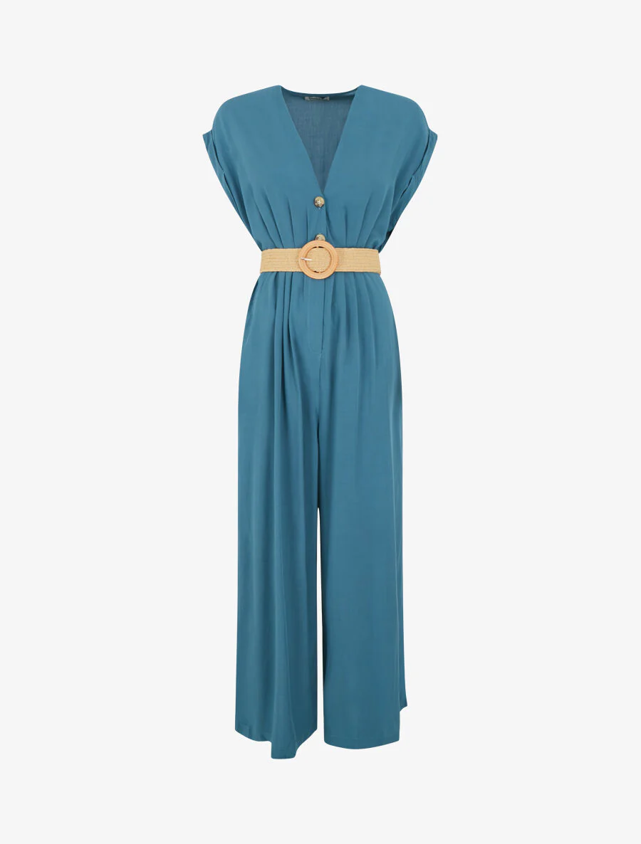 Vloeiende jumpsuit met korte mouwen - Blauwgroen