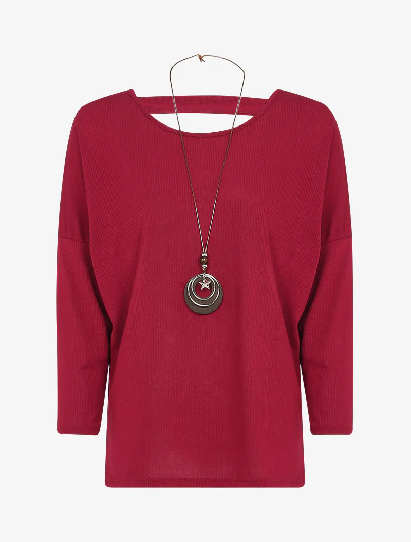 Vloeiende top en lange ketting - Bordeaux