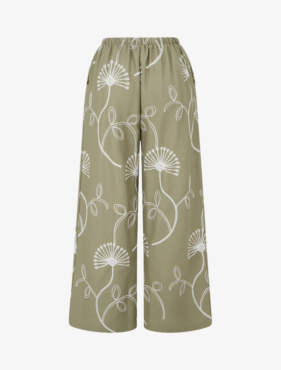 Wijde broek met geborduurde bloemen - Kaki - Image 2