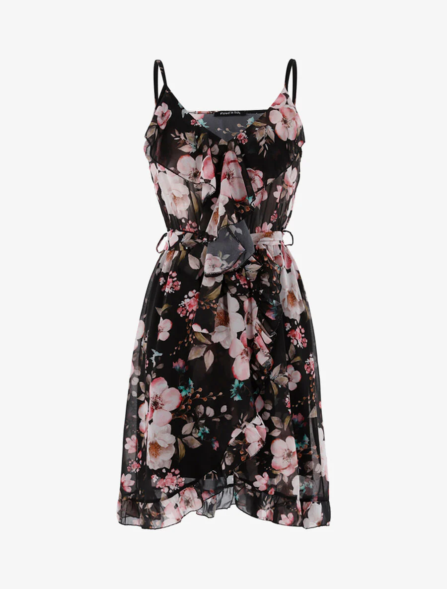 Wikkeljurk met bloemen en ruches - Zwart/roze - Image 2